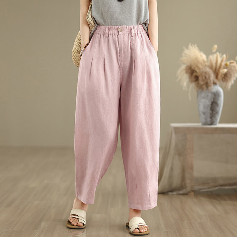 Pantaloni harem da donna in cotone e lino, casual, estivi, a tinta unita, con tasche, a vita alta , Buddha Stones