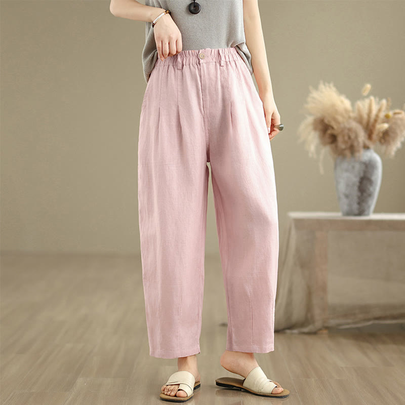 Pantaloni harem da donna in cotone e lino, casual, estivi, a tinta unita, con tasche, a vita alta , Buddha Stones