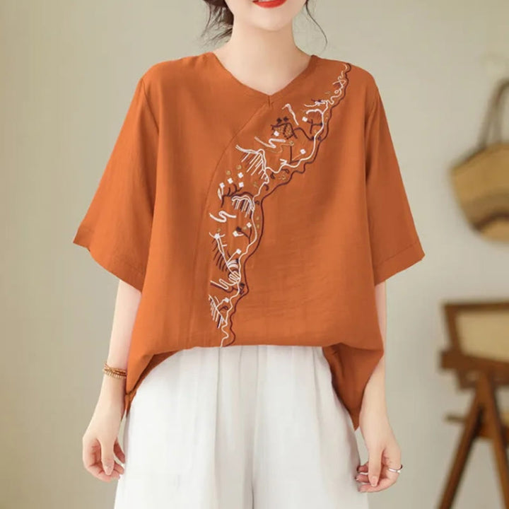 Maglietta a maniche corte da donna con scollo a giro e motivo geometrico ricamato etnico casual Buddha Stones - Arancione scuro - US14, UK/AU18, EU46 (4XL) - image 6