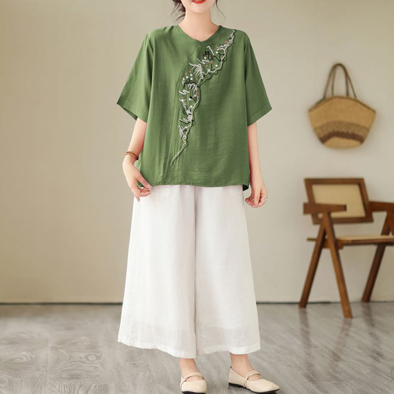 Maglietta a maniche corte da donna con scollo a giro e motivo geometrico ricamato etnico casual Buddha Stones - image 1