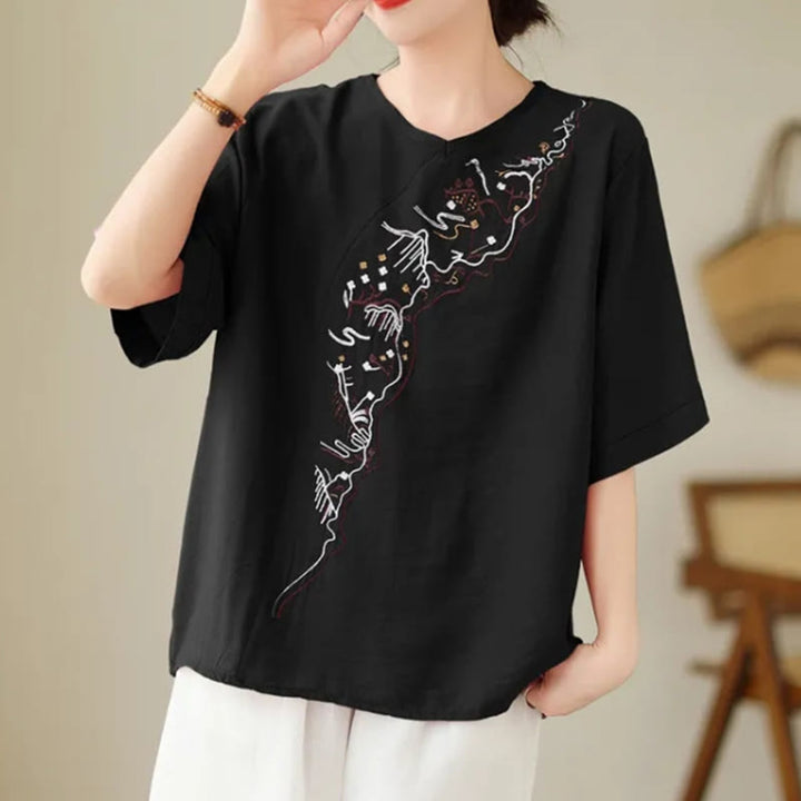 Maglietta a maniche corte da donna con scollo a giro e motivo geometrico ricamato etnico casual Buddha Stones - Nero - US14, UK/AU18, EU46 (4XL) - image 8