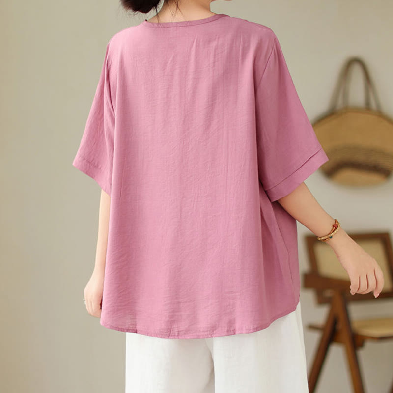 Maglietta a maniche corte da donna con scollo a giro e motivo geometrico ricamato etnico casual Buddha Stones - image 4