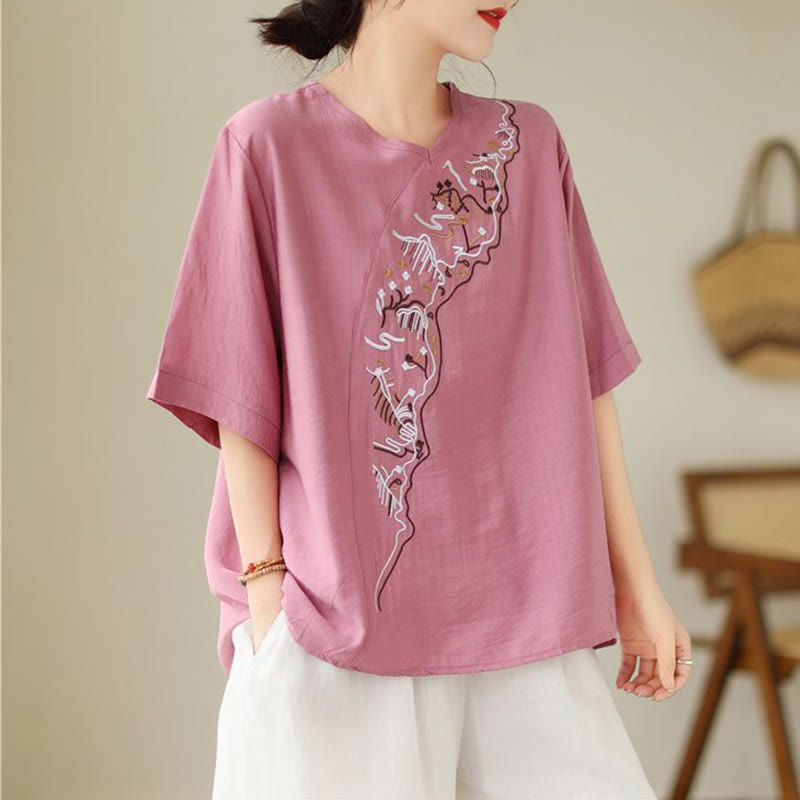 Maglietta a maniche corte da donna con scollo a giro e motivo geometrico ricamato etnico casual Buddha Stones - image 3