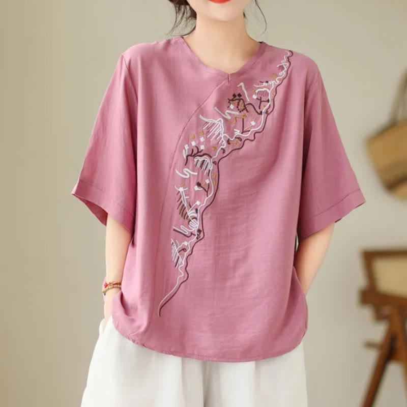 Maglietta a maniche corte da donna con scollo a giro e motivo geometrico ricamato etnico casual Buddha Stones - Rosa caldo - US14, UK/AU18, EU46 (4XL) - image 2