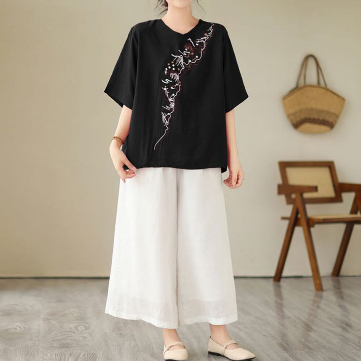 Maglietta a maniche corte da donna con scollo a giro e motivo geometrico ricamato etnico casual Buddha Stones - image 9