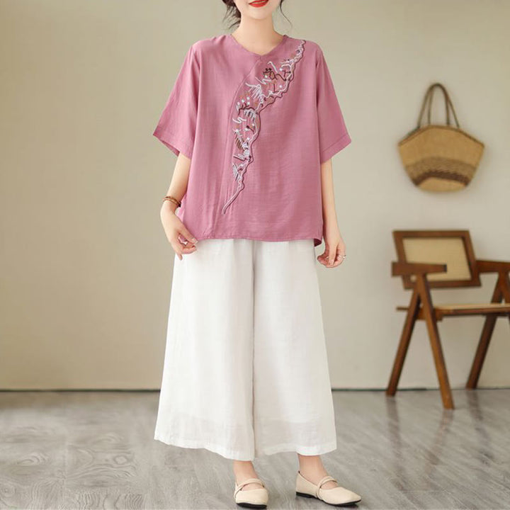 Maglietta a maniche corte da donna con scollo a giro e motivo geometrico ricamato etnico casual Buddha Stones - image 5