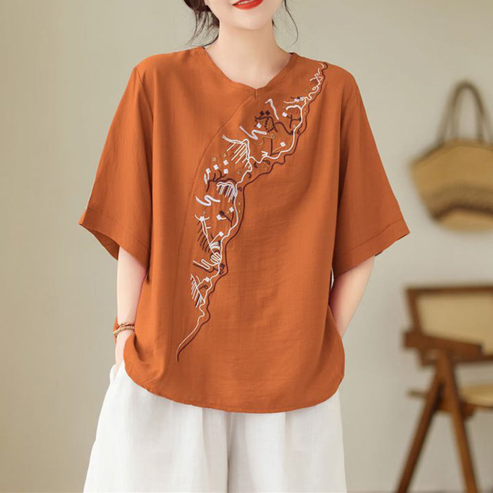 Maglietta a maniche corte da donna con scollo a giro e motivo geometrico ricamato etnico casual Buddha Stones - image 7