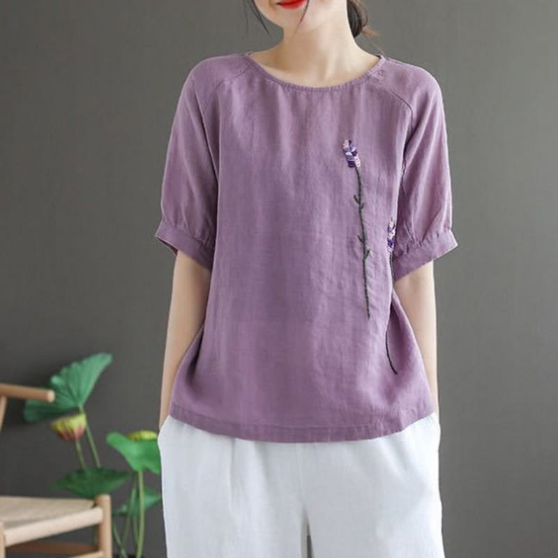 Maglietta da donna in cotone e lino con scollo a giro, motivo floreale ricamato vintage estivo Buddha Stones - image 1