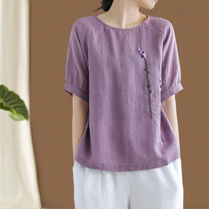 Maglietta da donna in cotone e lino con scollo a giro, motivo floreale ricamato vintage estivo Buddha Stones - Orchidea media - US8-10, UK/AU12-14, EU40-42 (2XL) - image 0