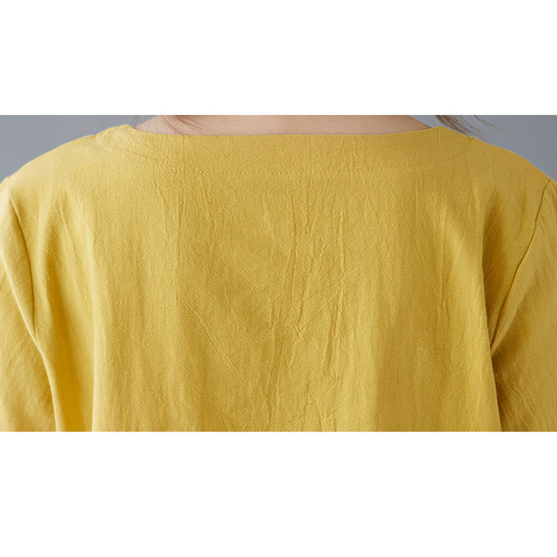 Maglietta da donna in cotone e lino con scollo rotondo, manica corta, con tasca e design con spacchi laterali Buddha Stones - image 9