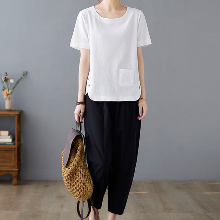 Maglietta da donna in cotone e lino con scollo rotondo, manica corta, con tasca e design con spacchi laterali Buddha Stones - image 17