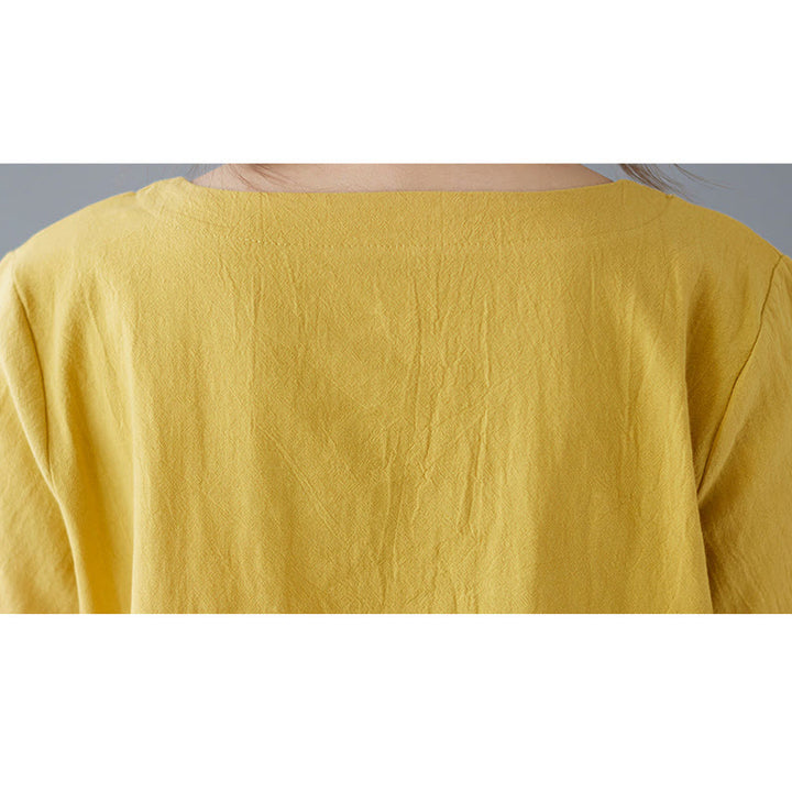 Maglietta da donna in cotone e lino con scollo rotondo, manica corta, con tasca e design con spacchi laterali Buddha Stones - image 9