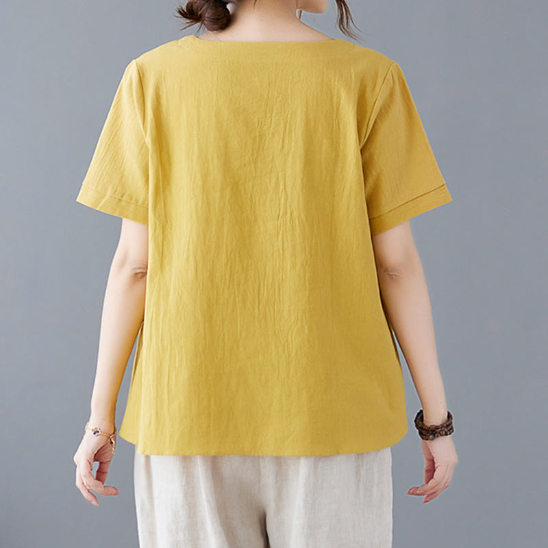 Maglietta da donna in cotone e lino con scollo rotondo, manica corta, con tasca e design con spacchi laterali Buddha Stones - image 1