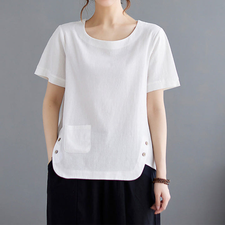 Maglietta da donna in cotone e lino con scollo rotondo, manica corta, con tasca e design con spacchi laterali Buddha Stones - image 15