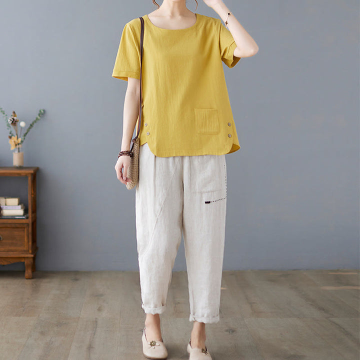 Maglietta da donna in cotone e lino con scollo rotondo, manica corta, con tasca e design con spacchi laterali Buddha Stones - image 7