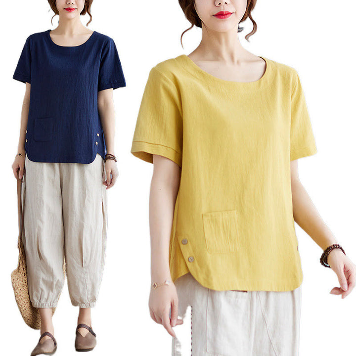 Maglietta da donna in cotone e lino con scollo rotondo, manica corta, con tasca e design con spacchi laterali Buddha Stones - image 13