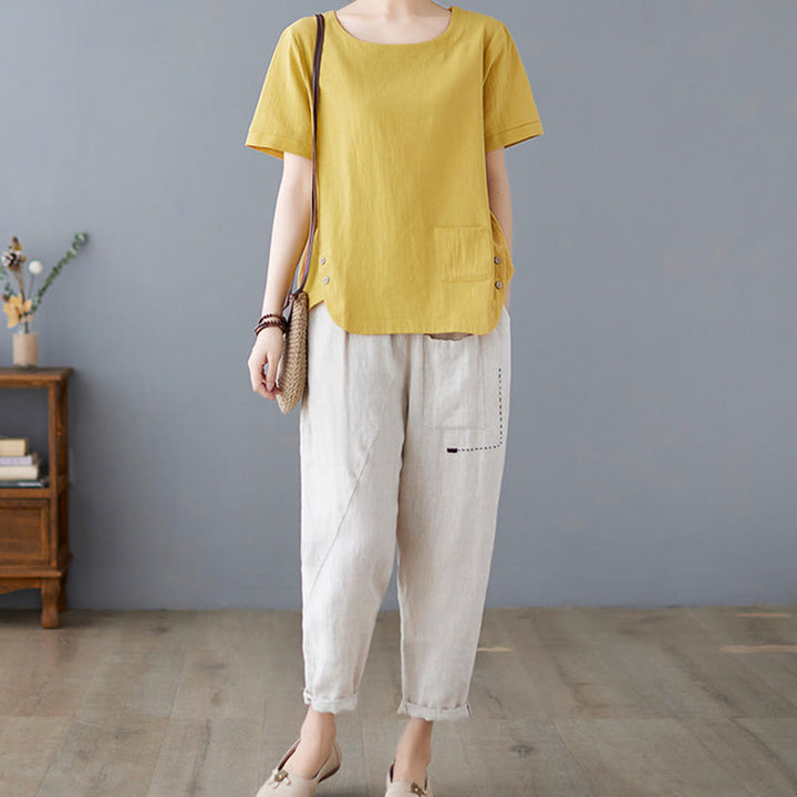 Maglietta da donna in cotone e lino con scollo rotondo, manica corta, con tasca e design con spacchi laterali Buddha Stones - image 6