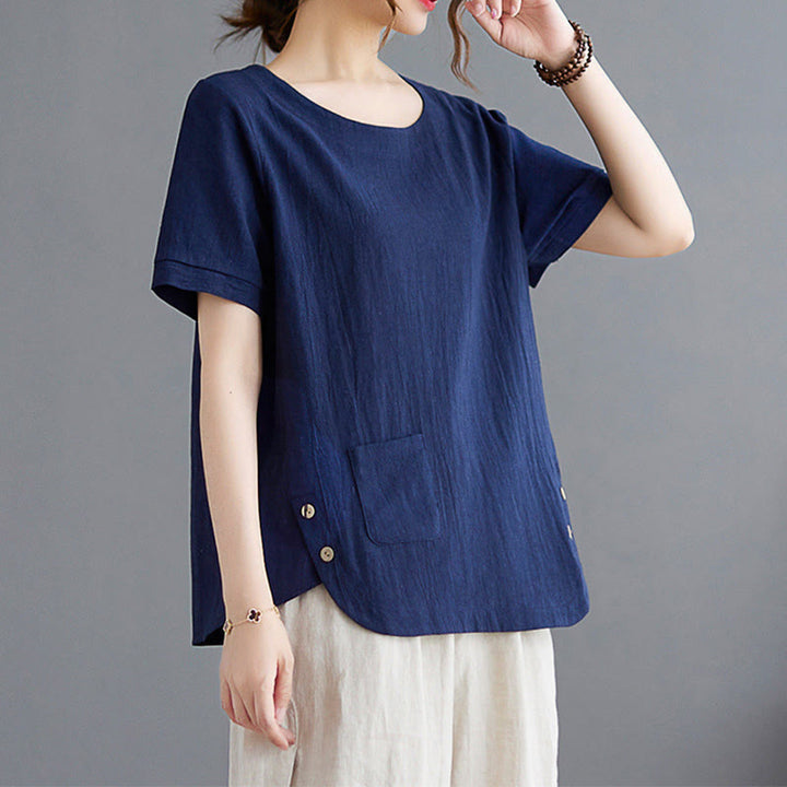 Maglietta da donna in cotone e lino con scollo rotondo, manica corta, con tasca e design con spacchi laterali Buddha Stones - image 20