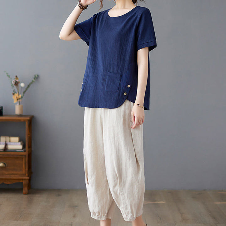 Maglietta da donna in cotone e lino con scollo rotondo, manica corta, con tasca e design con spacchi laterali Buddha Stones - image 25