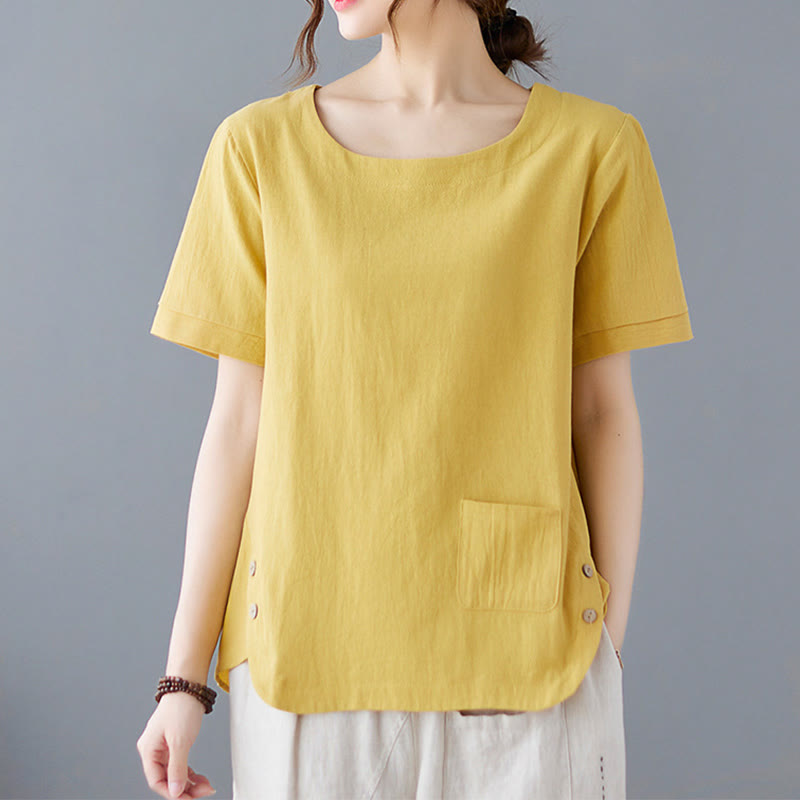 Maglietta da donna in cotone e lino con scollo rotondo, manica corta, con tasca e design con spacchi laterali Buddha Stones - Giallo - US14, UK/AU18, EU46 (4XL) - image 0
