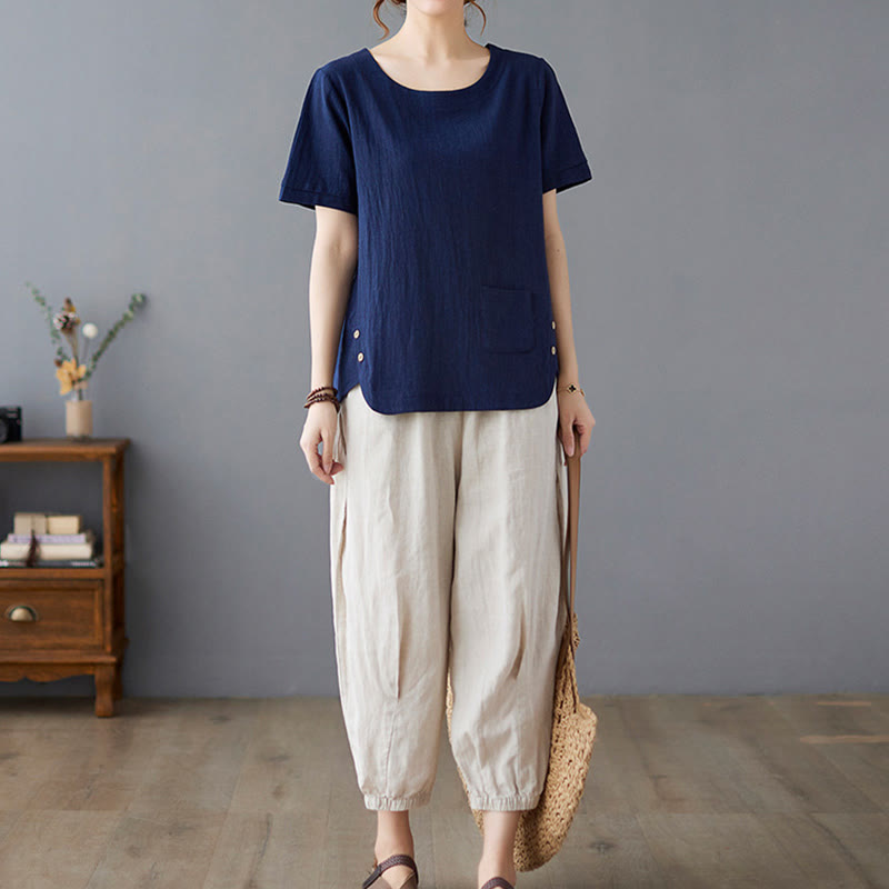 Maglietta da donna in cotone e lino con scollo rotondo, manica corta, con tasca e design con spacchi laterali Buddha Stones - image 24