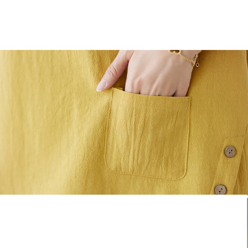 Maglietta da donna in cotone e lino con scollo rotondo, manica corta, con tasca e design con spacchi laterali Buddha Stones - image 11