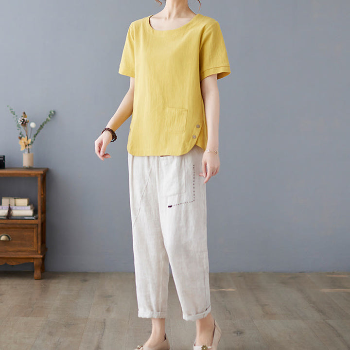 Maglietta da donna in cotone e lino con scollo rotondo, manica corta, con tasca e design con spacchi laterali Buddha Stones - image 5