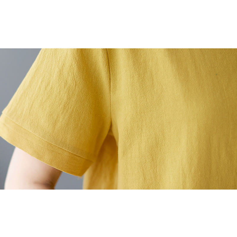 Maglietta da donna in cotone e lino con scollo rotondo, manica corta, con tasca e design con spacchi laterali Buddha Stones - image 10