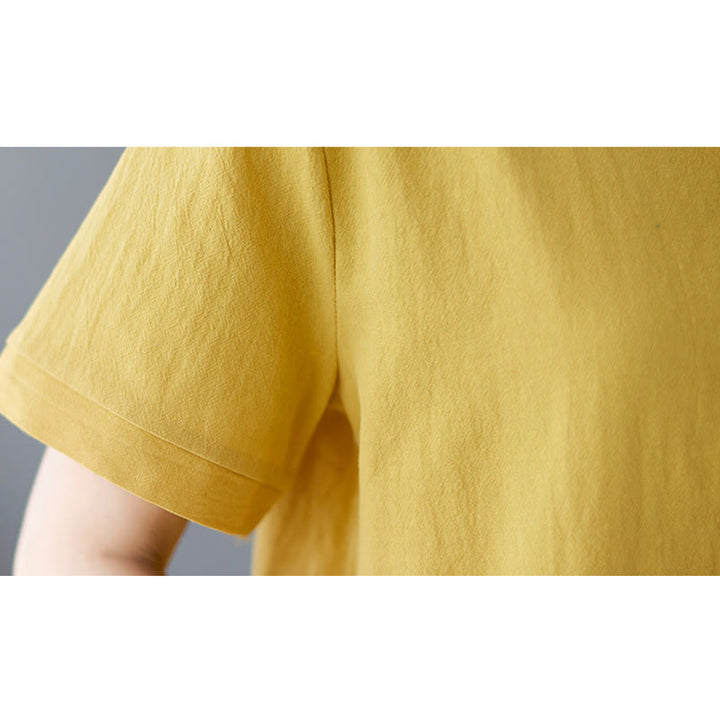 Maglietta da donna in cotone e lino con scollo rotondo, manica corta, con tasca e design con spacchi laterali Buddha Stones - image 10