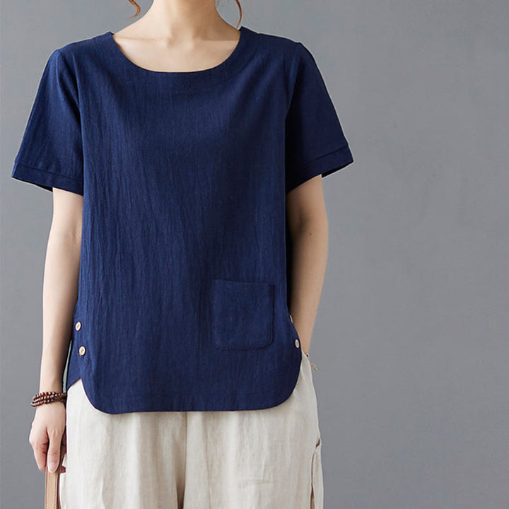 Maglietta da donna in cotone e lino con scollo rotondo, manica corta, con tasca e design con spacchi laterali Buddha Stones - image 22