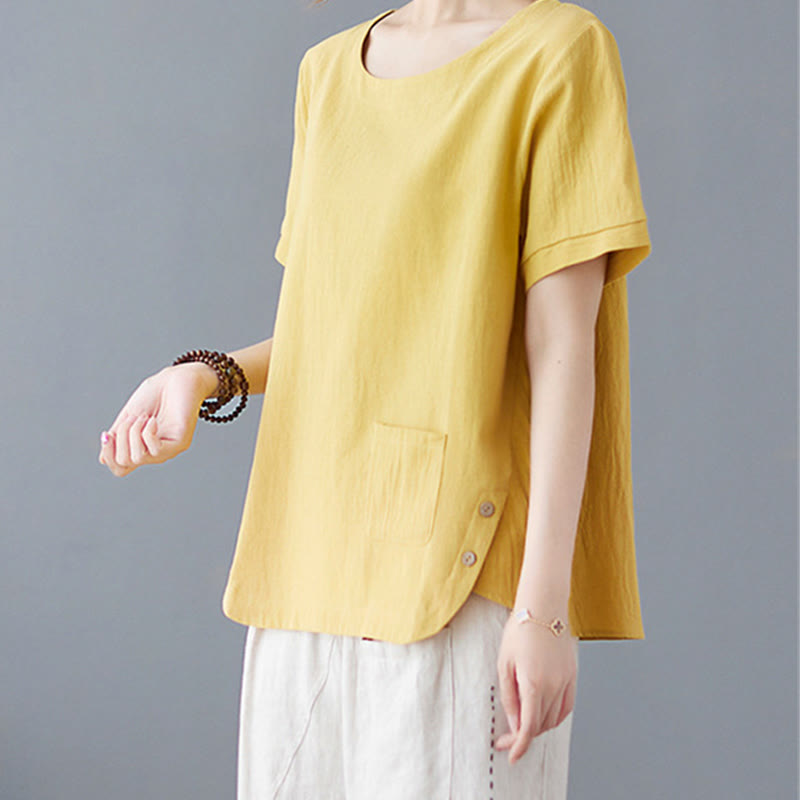 Maglietta da donna in cotone e lino con scollo rotondo, manica corta, con tasca e design con spacchi laterali Buddha Stones - image 2