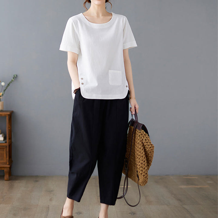 Maglietta da donna in cotone e lino con scollo rotondo, manica corta, con tasca e design con spacchi laterali Buddha Stones - image 18