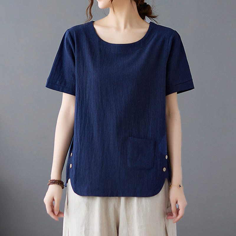 Maglietta da donna in cotone e lino con scollo rotondo, manica corta, con tasca e design con spacchi laterali Buddha Stones - image 21