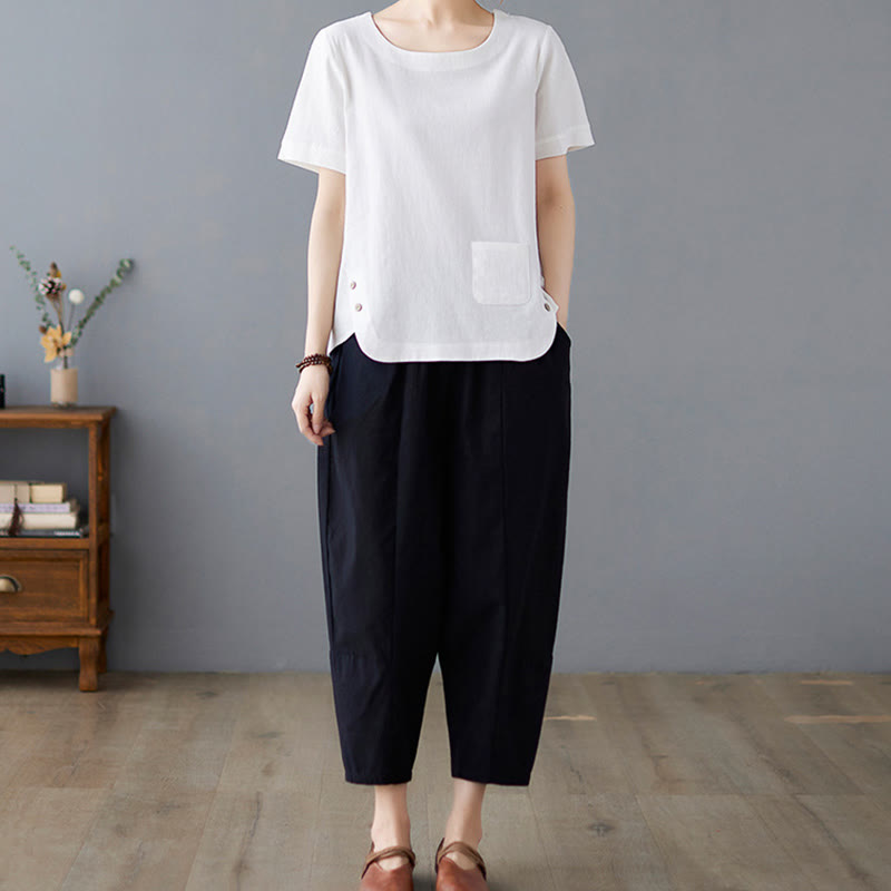 Maglietta da donna in cotone e lino con scollo rotondo, manica corta, con tasca e design con spacchi laterali Buddha Stones - image 16