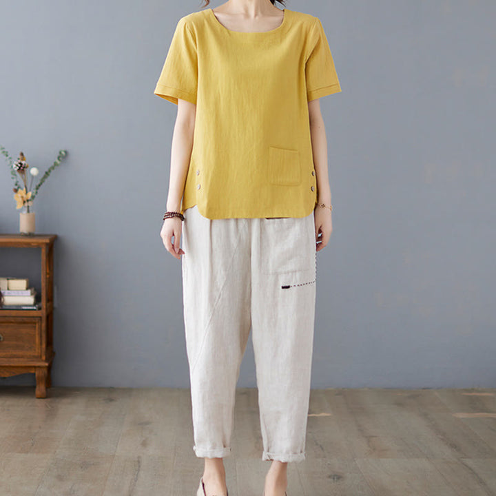 Maglietta da donna in cotone e lino con scollo rotondo, manica corta, con tasca e design con spacchi laterali Buddha Stones - image 4