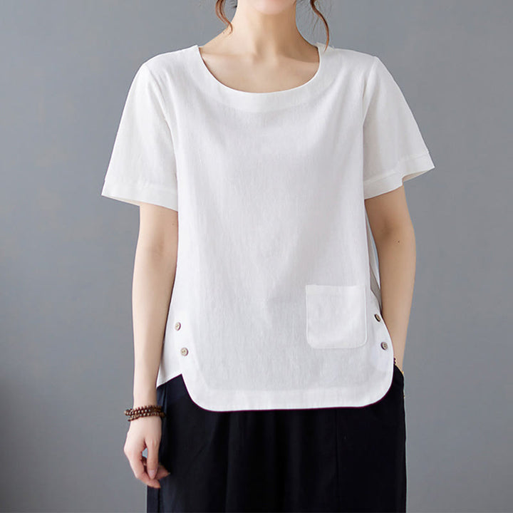 Maglietta da donna in cotone e lino con scollo rotondo, manica corta, con tasca e design con spacchi laterali Buddha Stones - Bianco - US14, UK/AU18, EU46 (4XL) - image 14