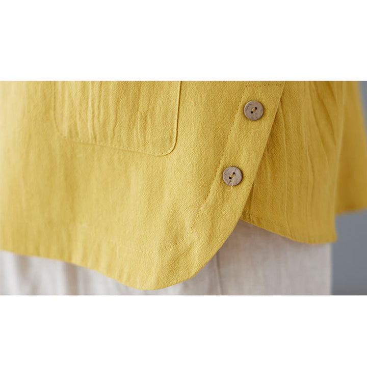 Maglietta da donna in cotone e lino con scollo rotondo, manica corta, con tasca e design con spacchi laterali Buddha Stones - image 12