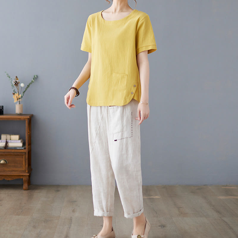 T-shirt da donna a maniche corte girocollo in cotone e poliestere con taschino e spacco laterale, con motivo Buddha Stones. - image 5