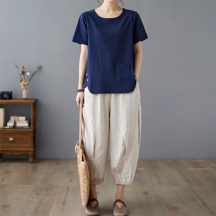 Maglietta da donna in cotone e lino con scollo rotondo, manica corta, con tasca e design con spacchi laterali Buddha Stones - image 23