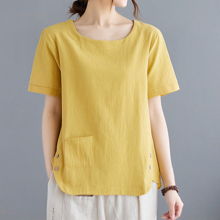 Maglietta da donna in cotone e lino con scollo rotondo, manica corta, con tasca e design con spacchi laterali Buddha Stones - image 3