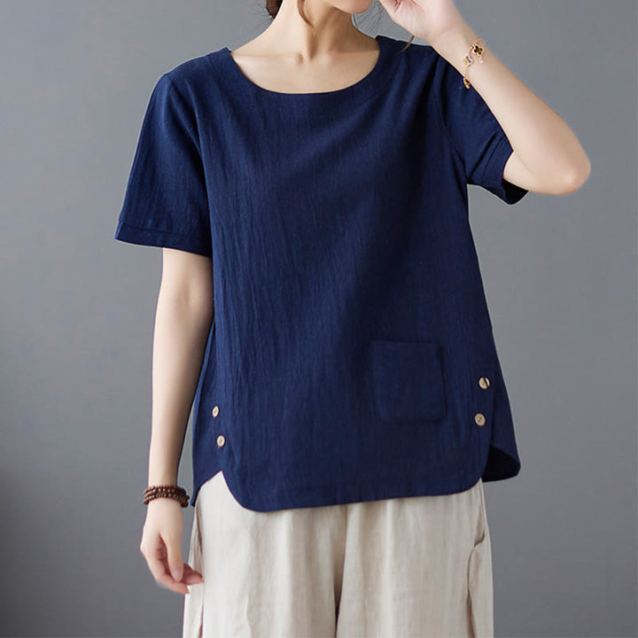 Maglietta da donna in cotone e lino con scollo rotondo, manica corta, con tasca e design con spacchi laterali Buddha Stones - Marina - US14, UK/AU18, EU46 (4XL) - image 19