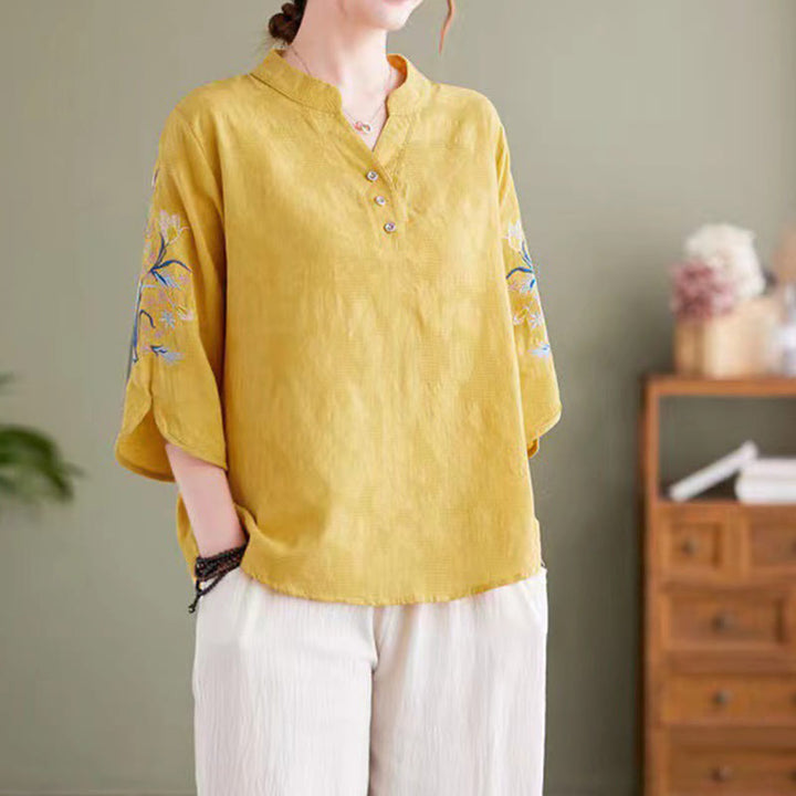 Camicia da donna in cotone e lino con colletto a punta, manica a tre quarti, ricamo estivo con Buddha Stones e fiori - Oro - US14, UK/AU18, EU46 (4XL) - image 14