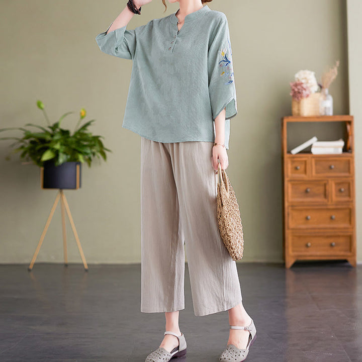 Camicia da donna in cotone e lino con colletto a punta, manica a tre quarti, ricamo estivo con Buddha Stones e fiori - image 9