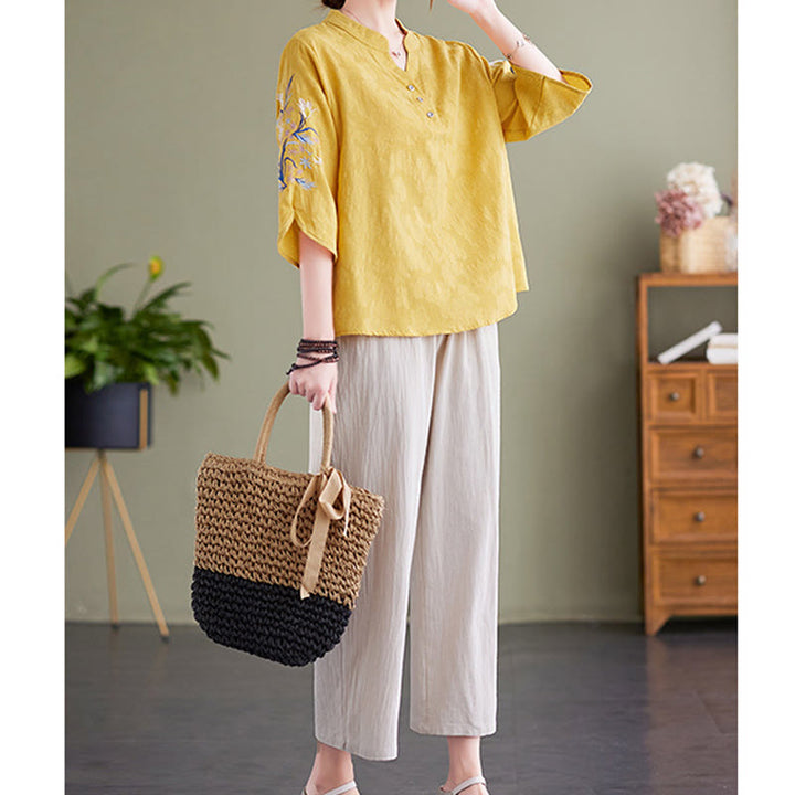 Camicia da donna in cotone e lino con colletto a punta, manica a tre quarti, ricamo estivo con Buddha Stones e fiori - image 19