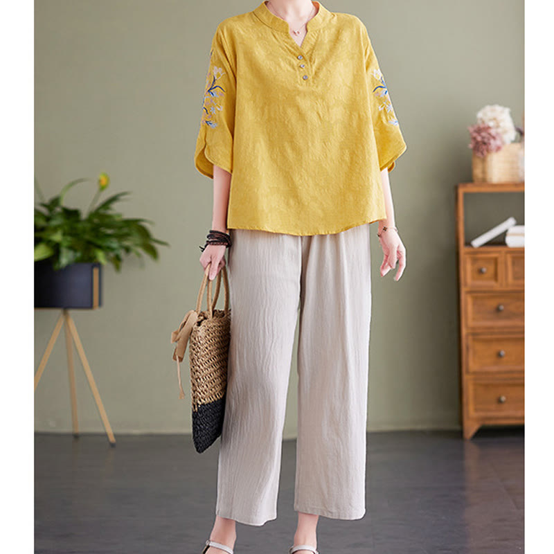 Camicia da donna in cotone e lino con colletto a punta, manica a tre quarti, ricamo estivo con Buddha Stones e fiori - image 18