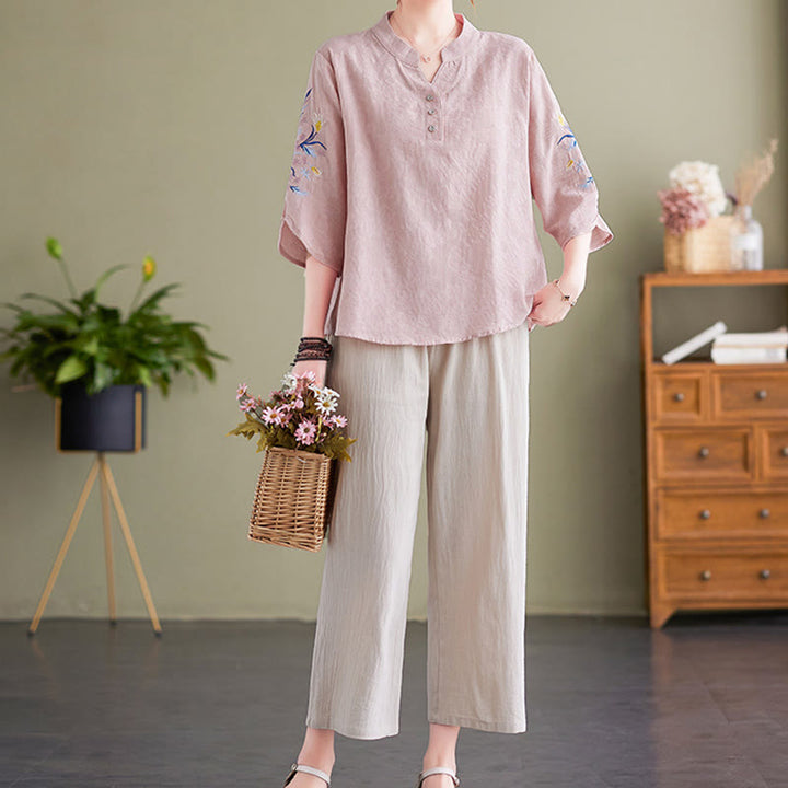 Camicia da donna in cotone e lino con colletto a punta, manica a tre quarti, ricamo estivo con Buddha Stones e fiori - image 4