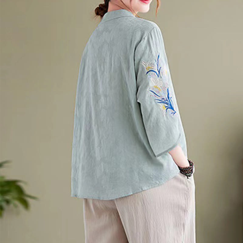 Camicia da donna in cotone e lino con colletto a punta, manica a tre quarti, ricamo estivo con Buddha Stones e fiori - image 7