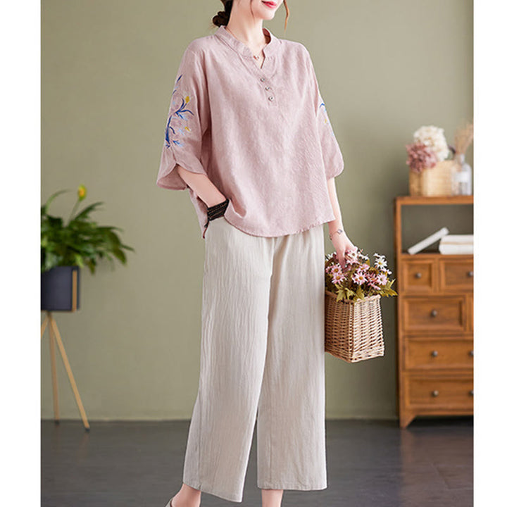 Camicia da donna in cotone e lino con colletto a punta, manica a tre quarti, ricamo estivo con Buddha Stones e fiori - image 3