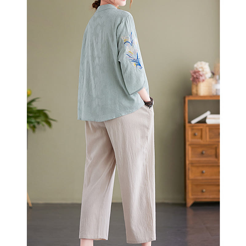 Camicia da donna in cotone e lino con colletto a punta, manica a tre quarti, ricamo estivo con Buddha Stones e fiori - image 10