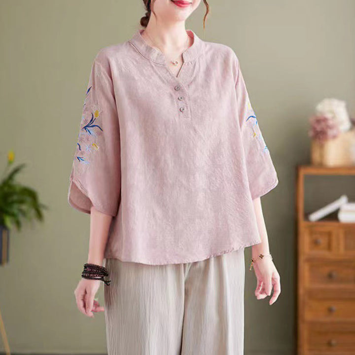 Camicia da donna in cotone e lino con colletto a punta, manica a tre quarti, ricamo estivo con Buddha Stones e fiori - Rosa - US14, UK/AU18, EU46 (4XL) - image 0